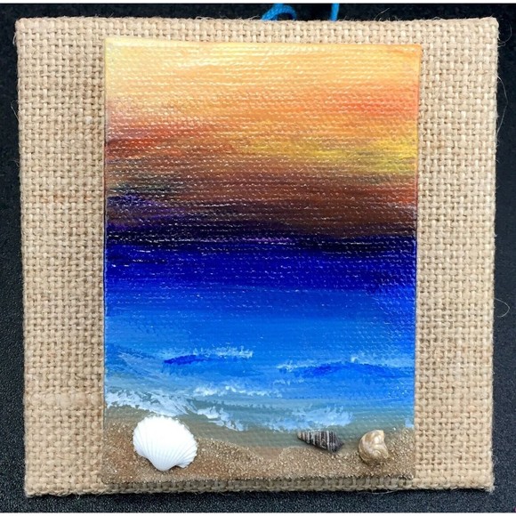 Original Mini Painting Sunset Beach Seashore Mixed Media Acrylic Ocean Sand - Picture 2 of 4
